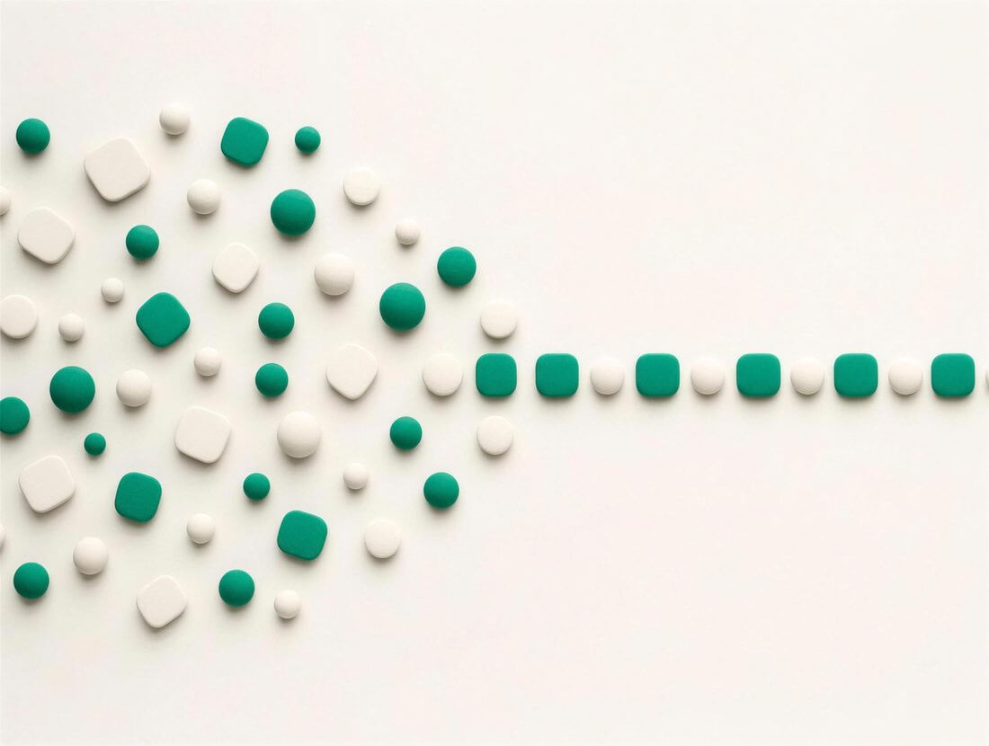 Scattered green and off-white forms resolving from disorder into a precise row.